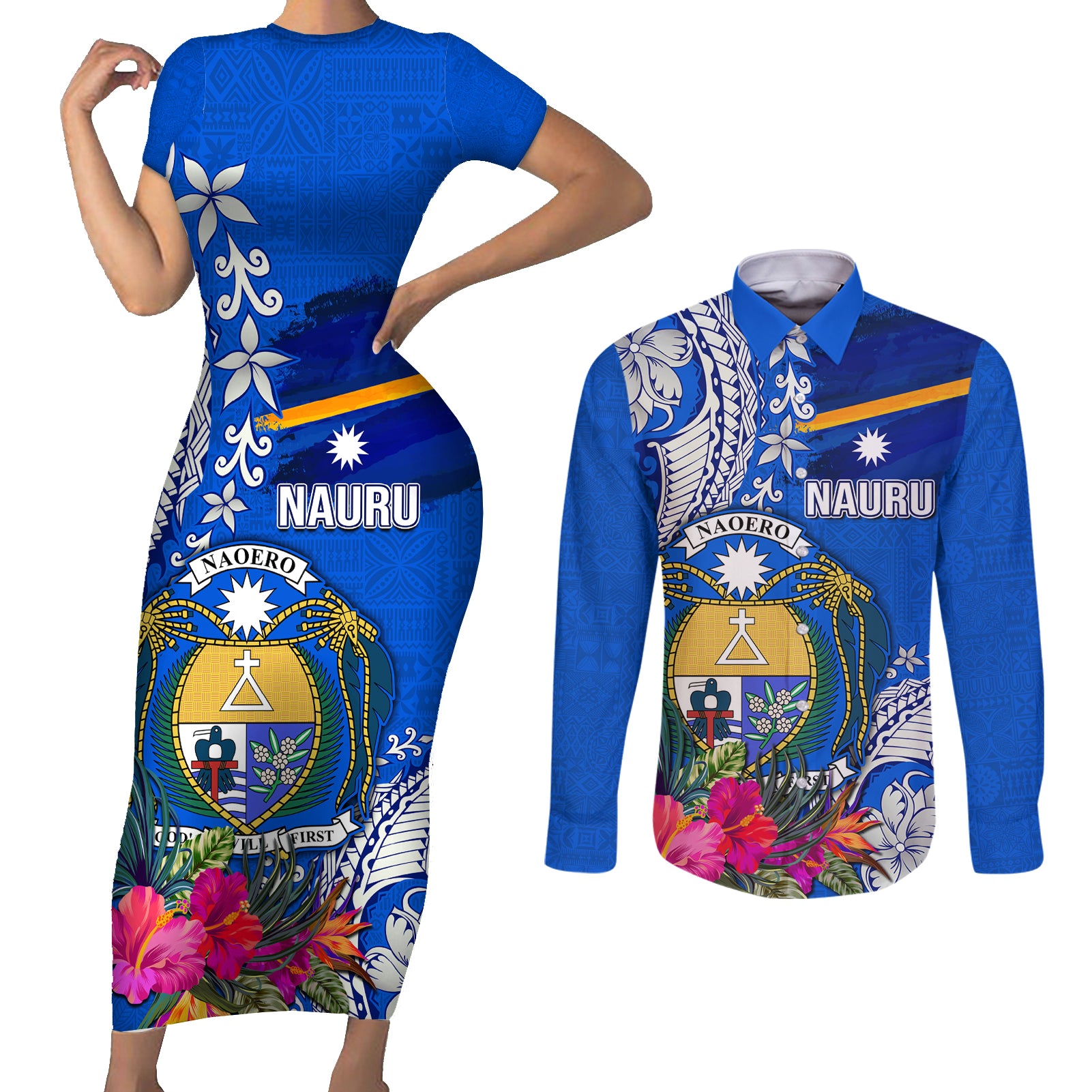 Personalised Nauru Coat of Arms Couples Matching Short Sleeve Bodycon Dress and Long Sleeve Button Shirt Tropical Flower Polynesian Pattern LT03 Blue - Polynesian Pride