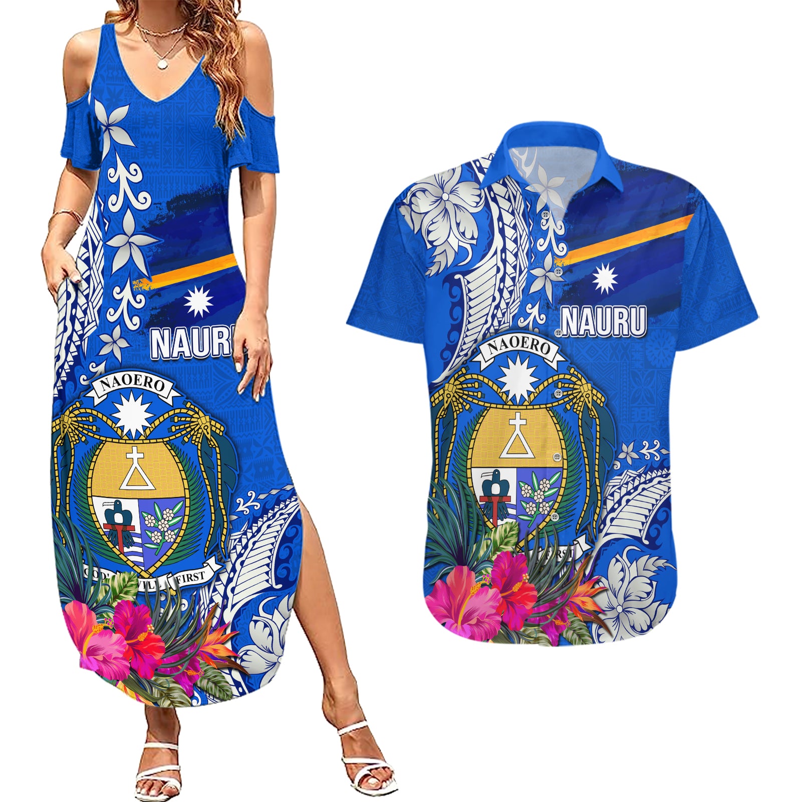 Personalised Nauru Coat of Arms Couples Matching Summer Maxi Dress and Hawaiian Shirt Tropical Flower Polynesian Pattern LT03 Blue - Polynesian Pride