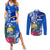 Personalised Nauru Coat of Arms Couples Matching Summer Maxi Dress and Long Sleeve Button Shirt Tropical Flower Polynesian Pattern LT03 Blue - Polynesian Pride