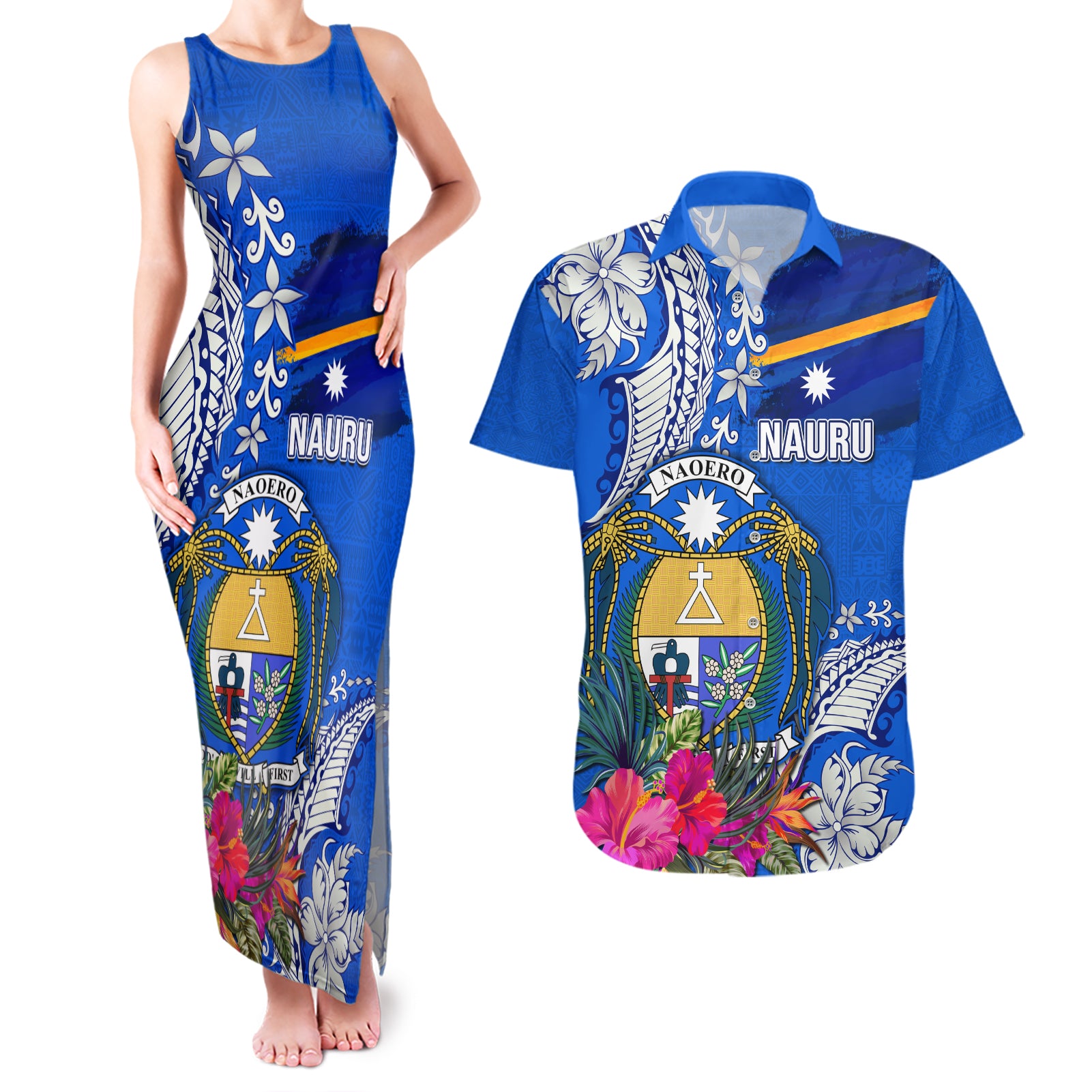 Personalised Nauru Coat of Arms Couples Matching Tank Maxi Dress and Hawaiian Shirt Tropical Flower Polynesian Pattern LT03 Blue - Polynesian Pride