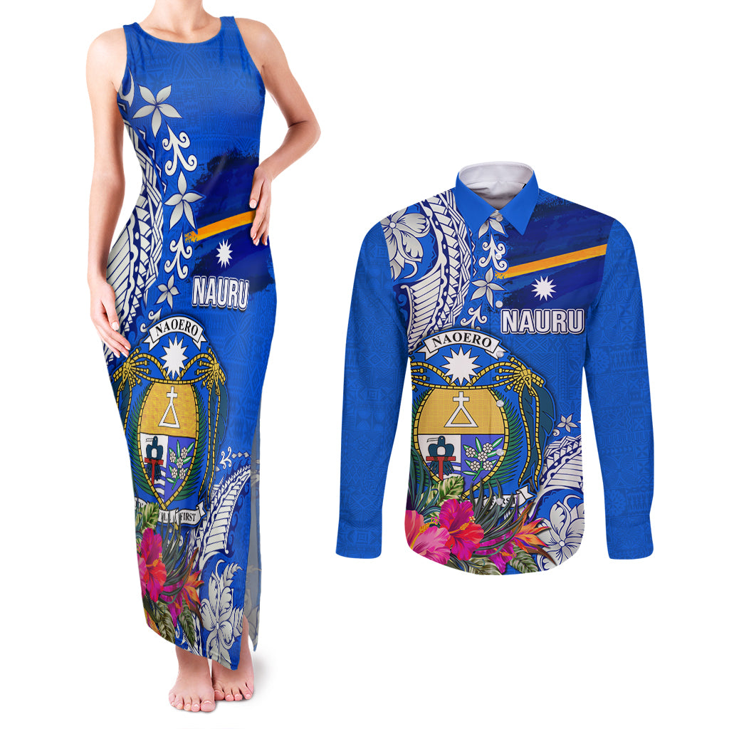 Personalised Nauru Coat of Arms Couples Matching Tank Maxi Dress and Long Sleeve Button Shirt Tropical Flower Polynesian Pattern LT03 Blue - Polynesian Pride