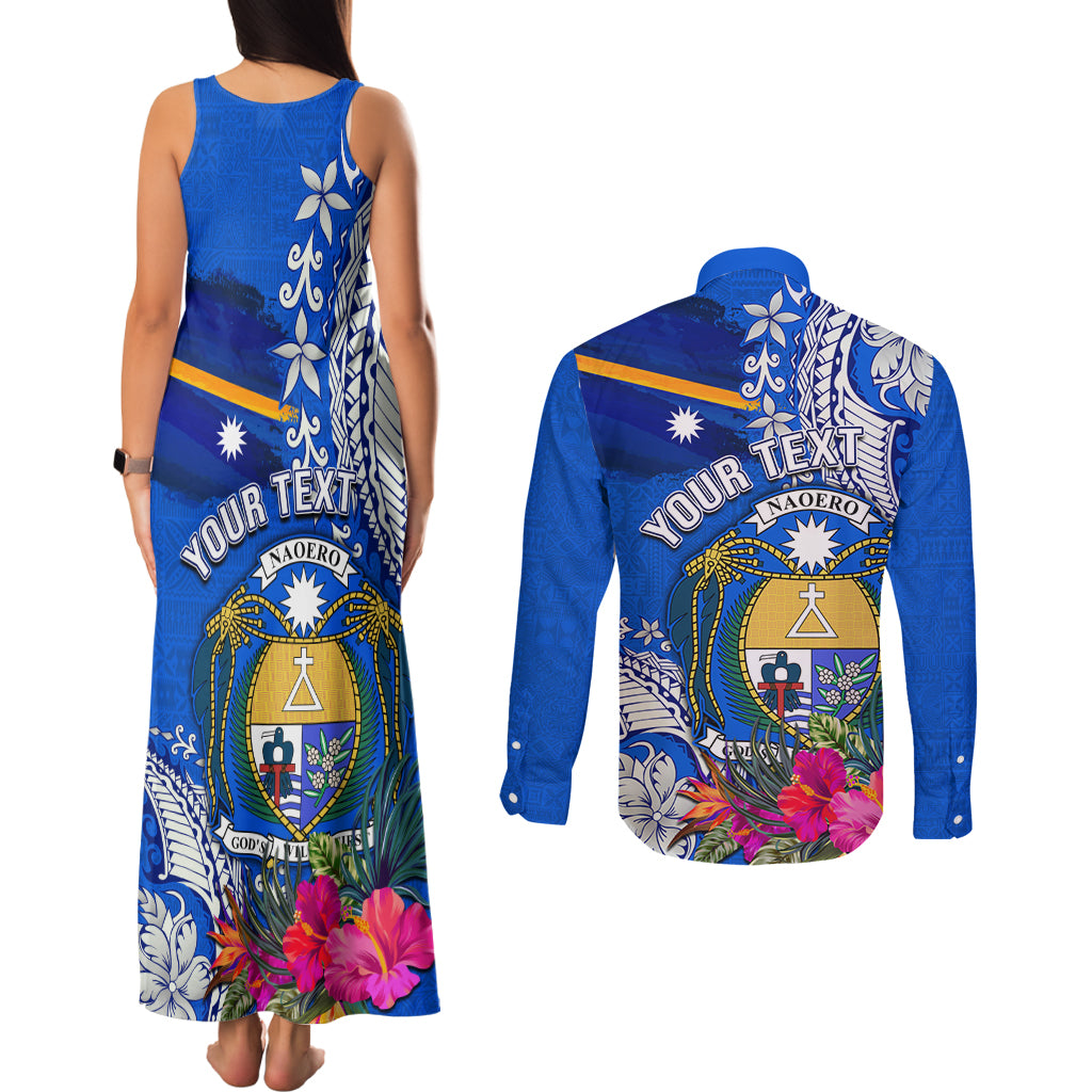 Personalised Nauru Coat of Arms Couples Matching Tank Maxi Dress and Long Sleeve Button Shirt Tropical Flower Polynesian Pattern LT03 - Polynesian Pride