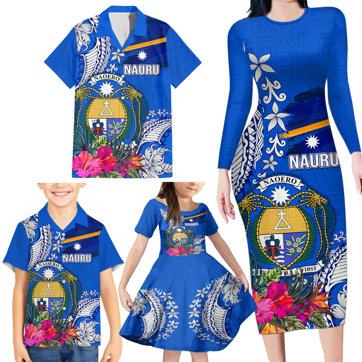 Personalised Nauru Coat of Arms Family Matching Long Sleeve Bodycon Dress and Hawaiian Shirt Tropical Flower Polynesian Pattern LT03 - Polynesian Pride