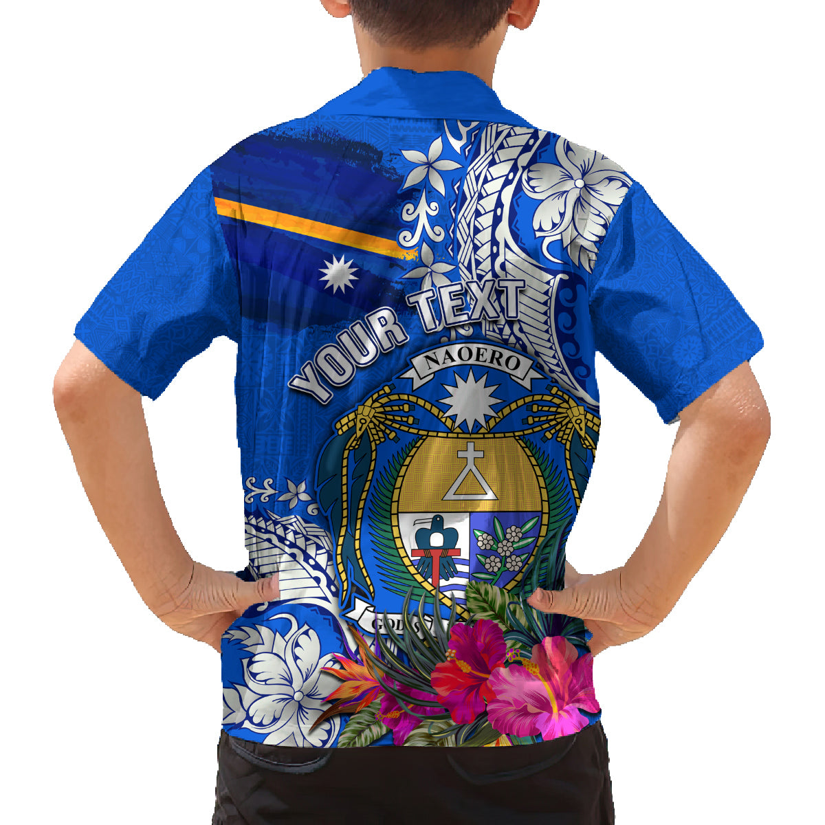 Personalised Nauru Coat of Arms Family Matching Off Shoulder Long Sleeve Dress and Hawaiian Shirt Tropical Flower Polynesian Pattern LT03 - Polynesian Pride
