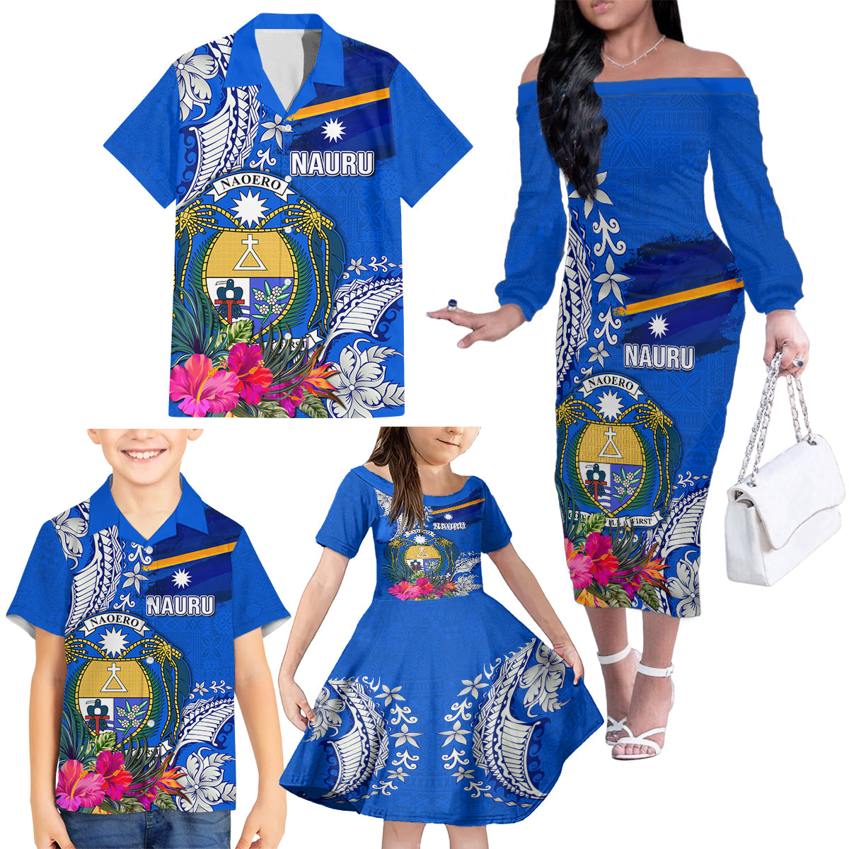 Personalised Nauru Coat of Arms Family Matching Off Shoulder Long Sleeve Dress and Hawaiian Shirt Tropical Flower Polynesian Pattern LT03 - Polynesian Pride