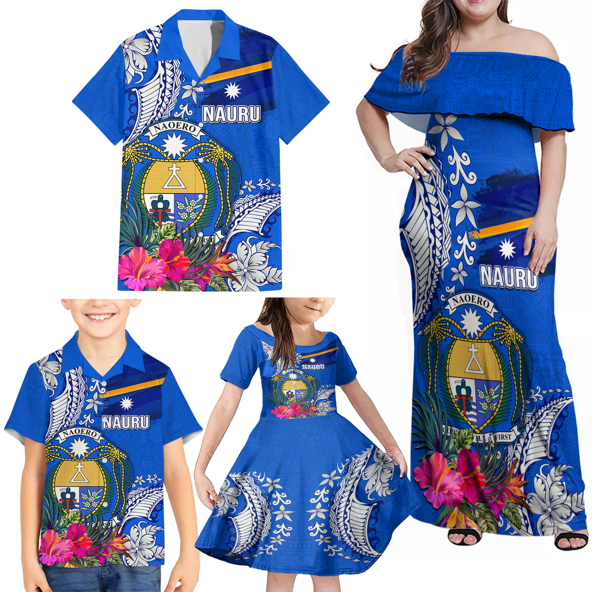 Personalised Nauru Coat of Arms Family Matching Off Shoulder Maxi Dress and Hawaiian Shirt Tropical Flower Polynesian Pattern LT03 - Polynesian Pride