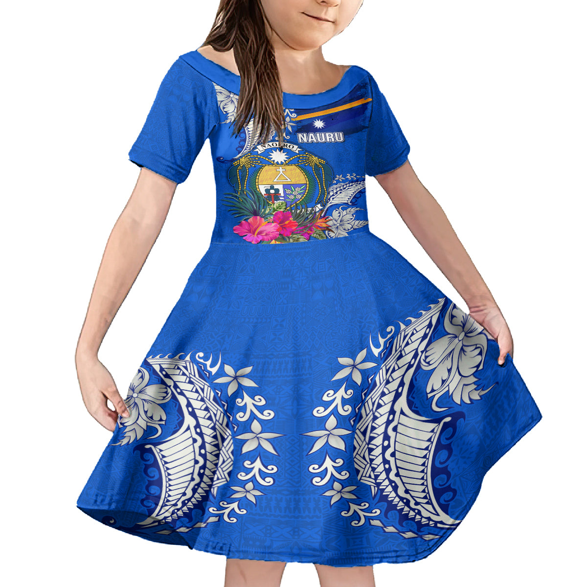 Personalised Nauru Coat of Arms Family Matching Off Shoulder Short Dress and Hawaiian Shirt Tropical Flower Polynesian Pattern LT03 Daughter's Dress Blue - Polynesian Pride