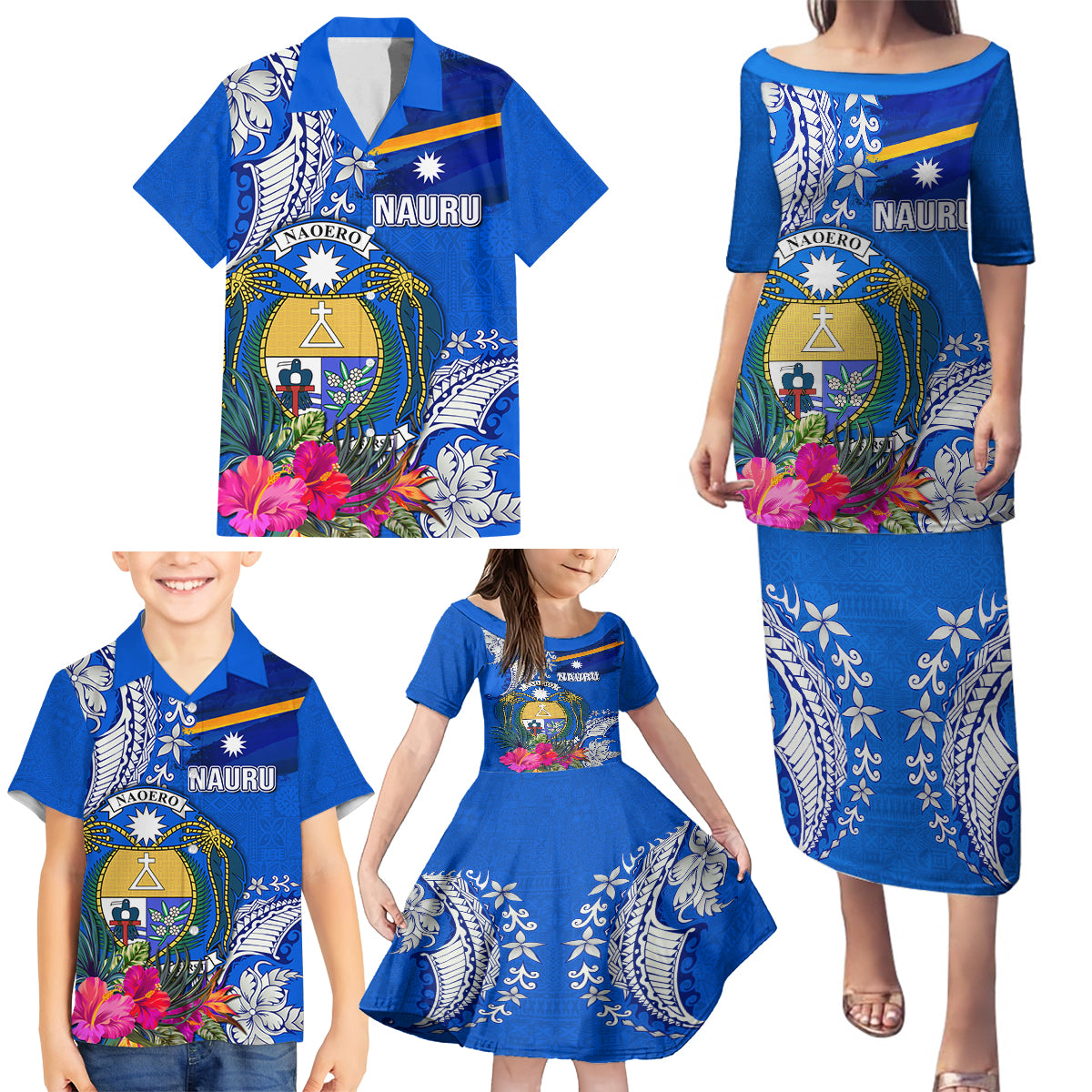 Personalised Nauru Coat of Arms Family Matching Puletasi and Hawaiian Shirt Tropical Flower Polynesian Pattern LT03 - Polynesian Pride