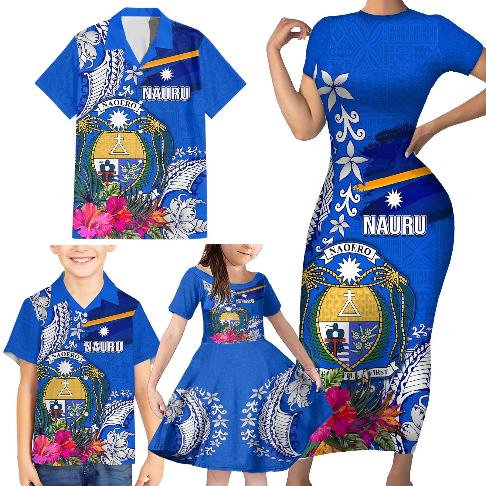 Personalised Nauru Coat of Arms Family Matching Short Sleeve Bodycon Dress and Hawaiian Shirt Tropical Flower Polynesian Pattern LT03 - Polynesian Pride