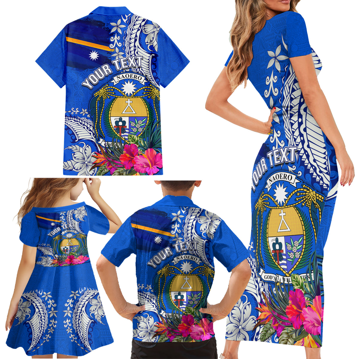 Personalised Nauru Coat of Arms Family Matching Short Sleeve Bodycon Dress and Hawaiian Shirt Tropical Flower Polynesian Pattern LT03 - Polynesian Pride