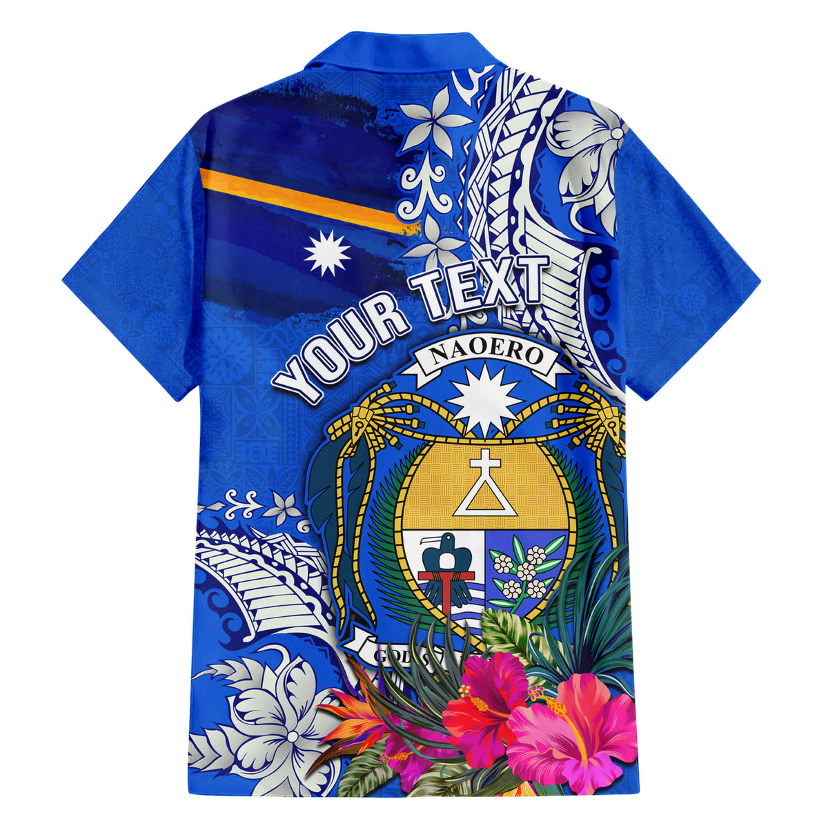 Personalised Nauru Coat of Arms Family Matching Short Sleeve Bodycon Dress and Hawaiian Shirt Tropical Flower Polynesian Pattern LT03 - Polynesian Pride