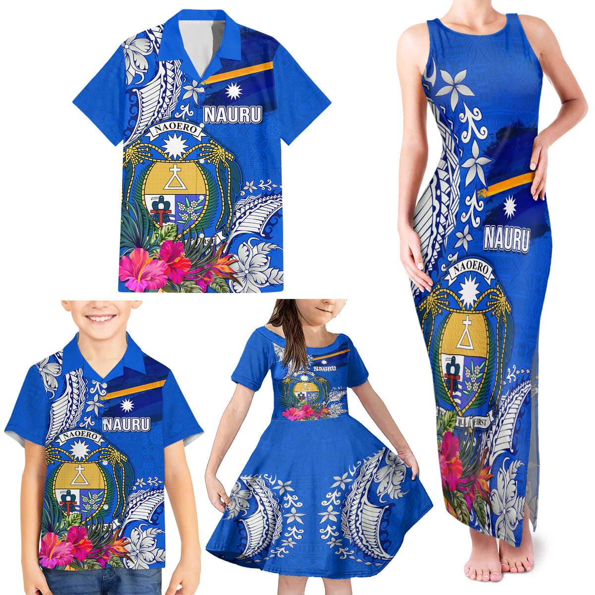 Personalised Nauru Coat of Arms Family Matching Tank Maxi Dress and Hawaiian Shirt Tropical Flower Polynesian Pattern LT03 - Polynesian Pride