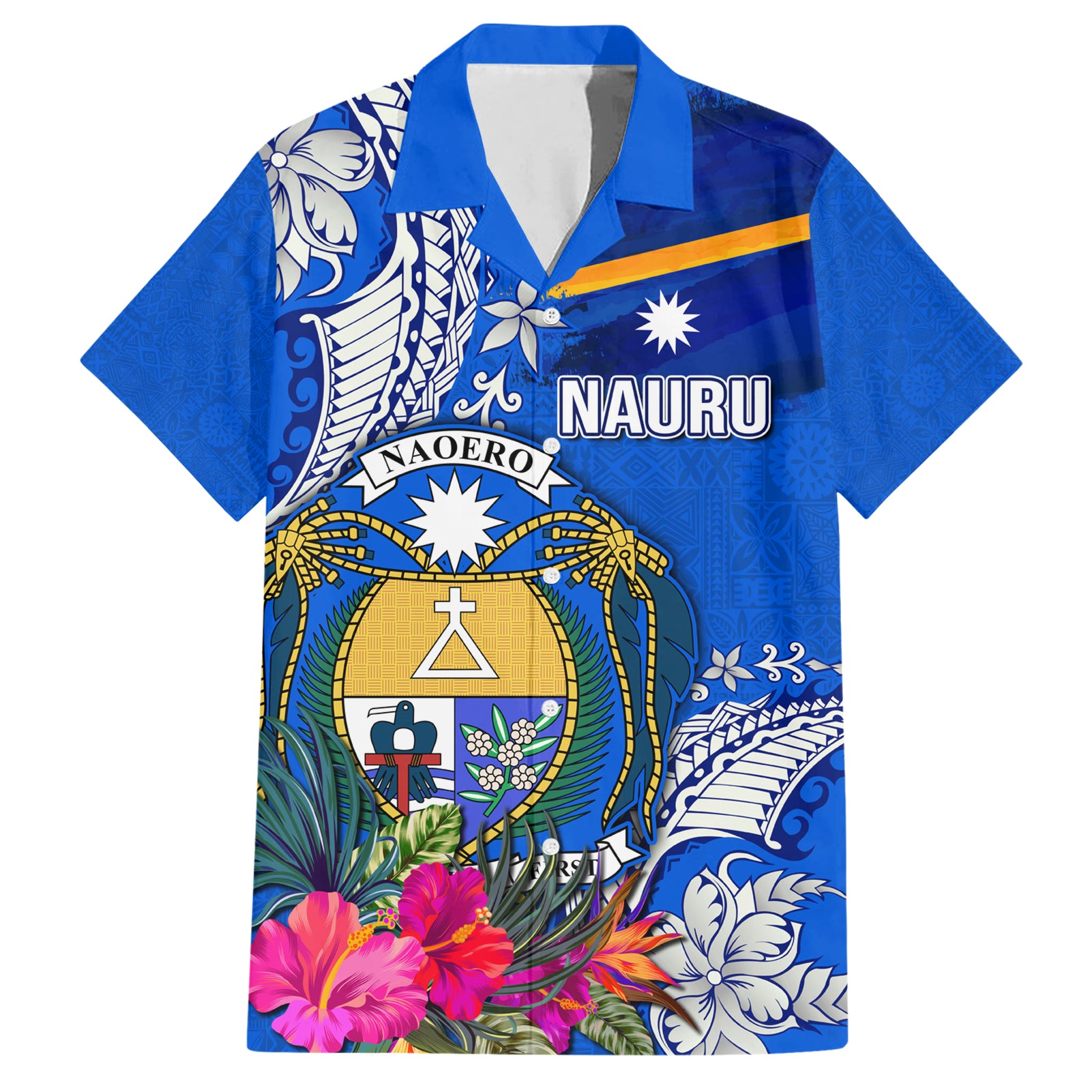 Personalised Nauru Coat of Arms Hawaiian Shirt Tropical Flower Polynesian Pattern LT03 Blue - Polynesian Pride