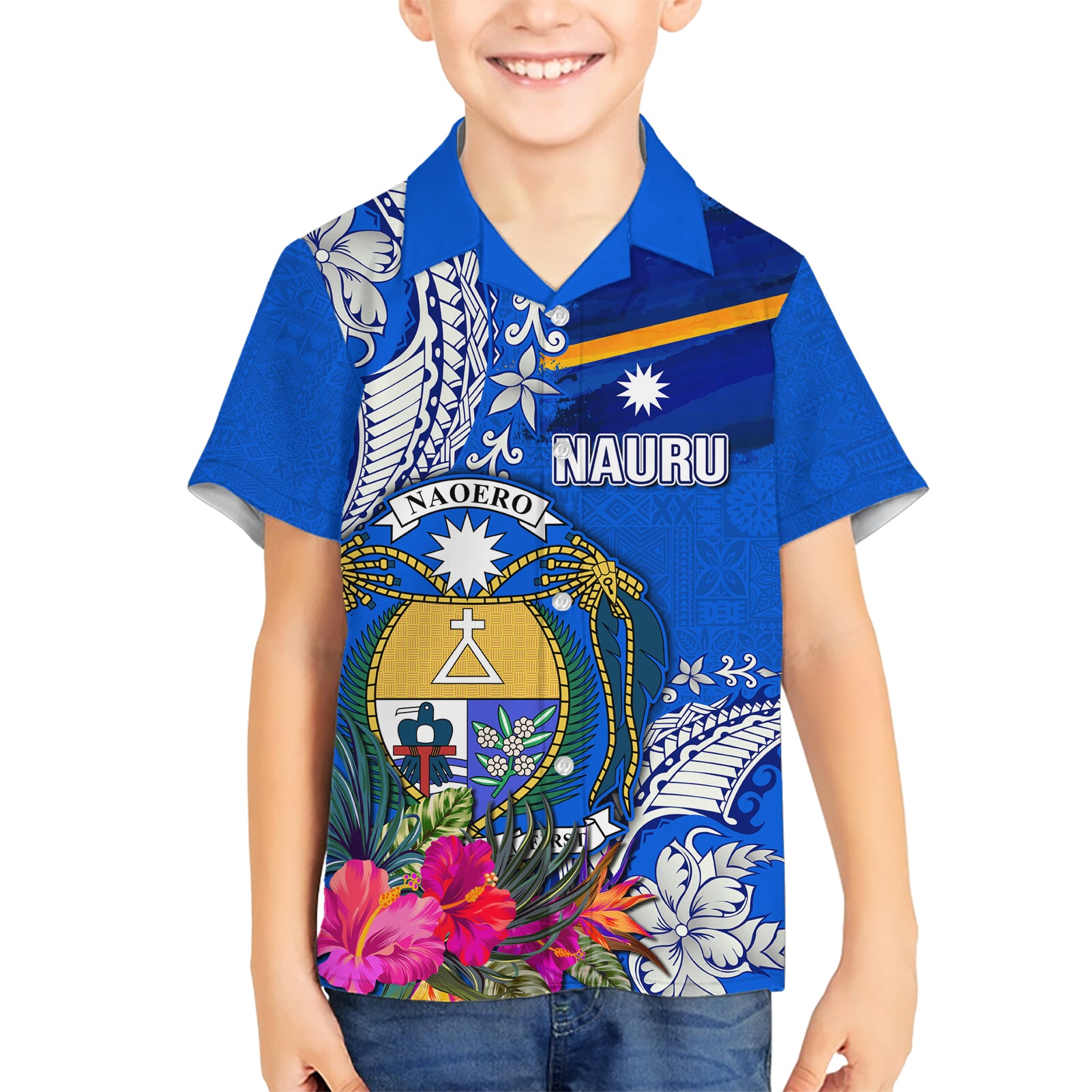 Personalised Nauru Coat of Arms Kid Hawaiian Shirt Tropical Flower Polynesian Pattern LT03 Kid Blue - Polynesian Pride
