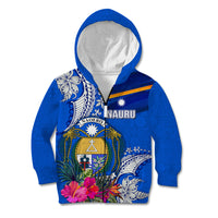 Personalised Nauru Coat of Arms Kid Hoodie Tropical Flower Polynesian Pattern LT03 Zip Hoodie Blue - Polynesian Pride