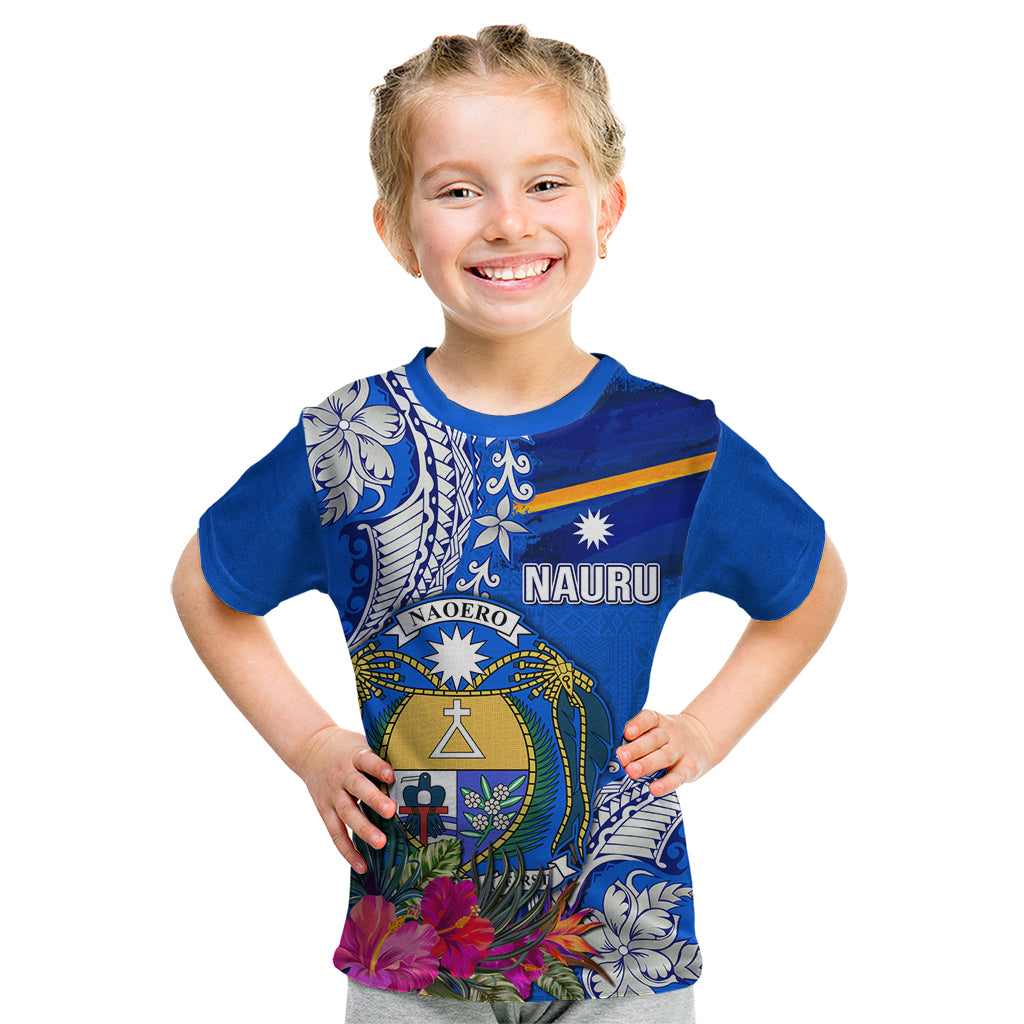 Personalised Nauru Coat of Arms Kid T Shirt Tropical Flower Polynesian Pattern LT03 Blue - Polynesian Pride