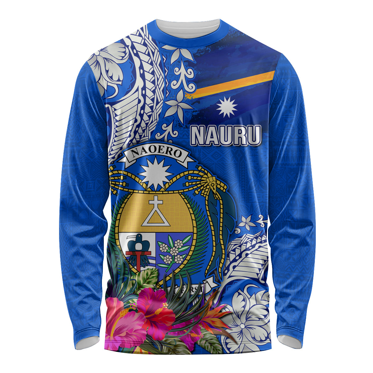 Personalised Nauru Coat of Arms Long Sleeve Shirt Tropical Flower Polynesian Pattern LT03 Unisex Blue - Polynesian Pride