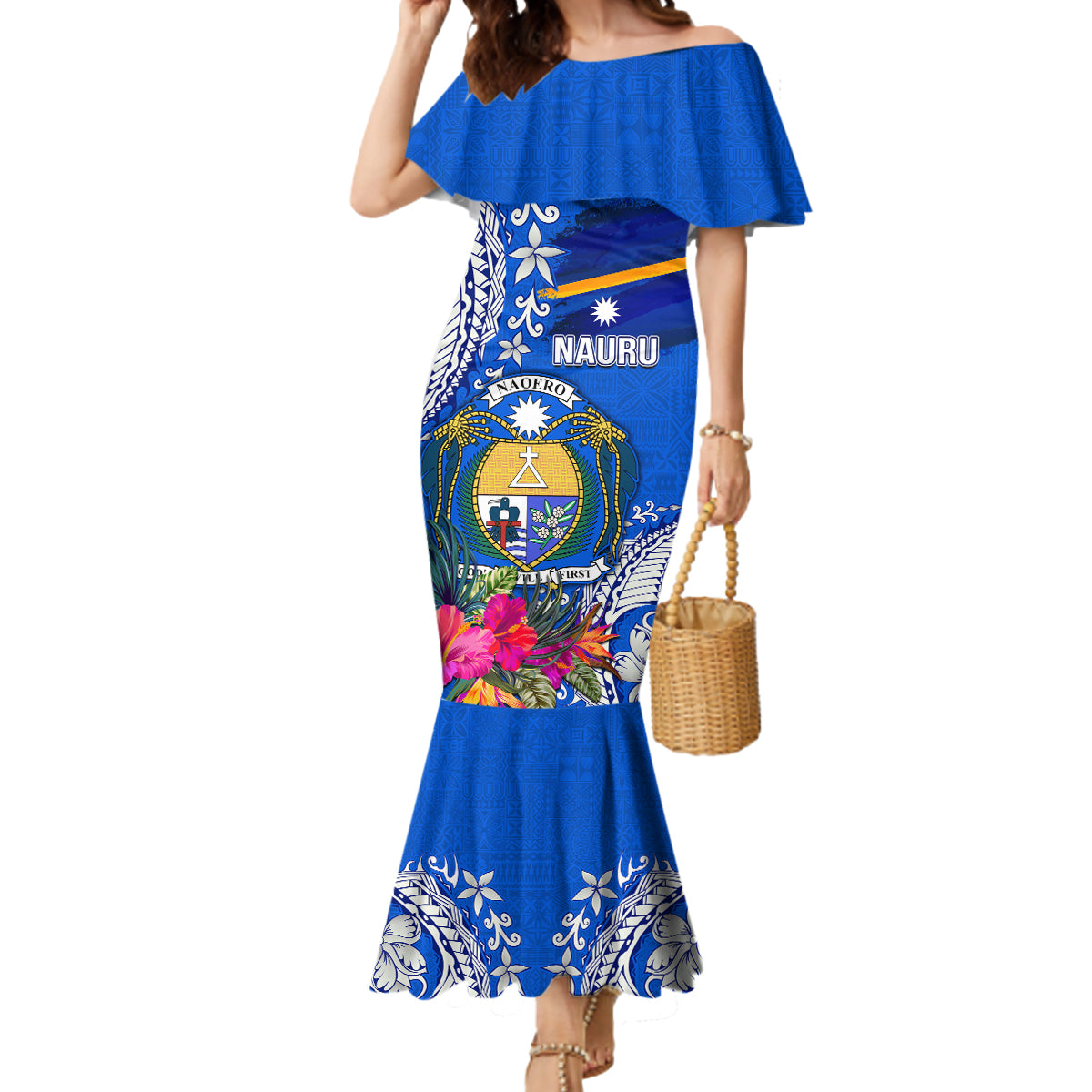 Personalised Nauru Coat of Arms Mermaid Dress Tropical Flower Polynesian Pattern LT03 Women Blue - Polynesian Pride