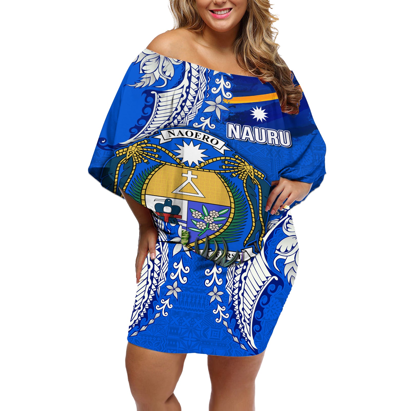 Personalised Nauru Coat of Arms Off Shoulder Short Dress Tropical Flower Polynesian Pattern LT03 Women Blue - Polynesian Pride