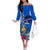 Personalised Nauru Coat of Arms Off The Shoulder Long Sleeve Dress Tropical Flower Polynesian Pattern LT03 Women Blue - Polynesian Pride