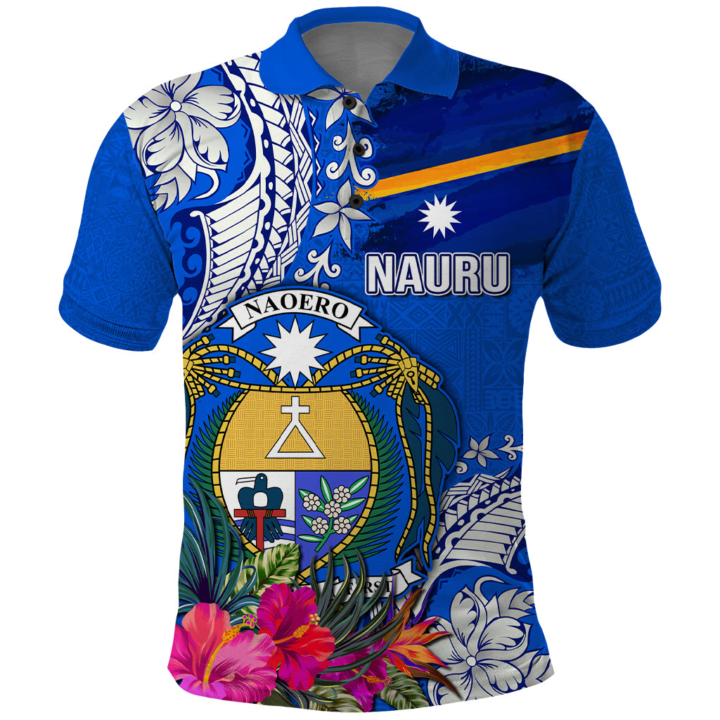 Personalised Nauru Coat of Arms Polo Shirt Tropical Flower Polynesian Pattern LT03 Blue - Polynesian Pride
