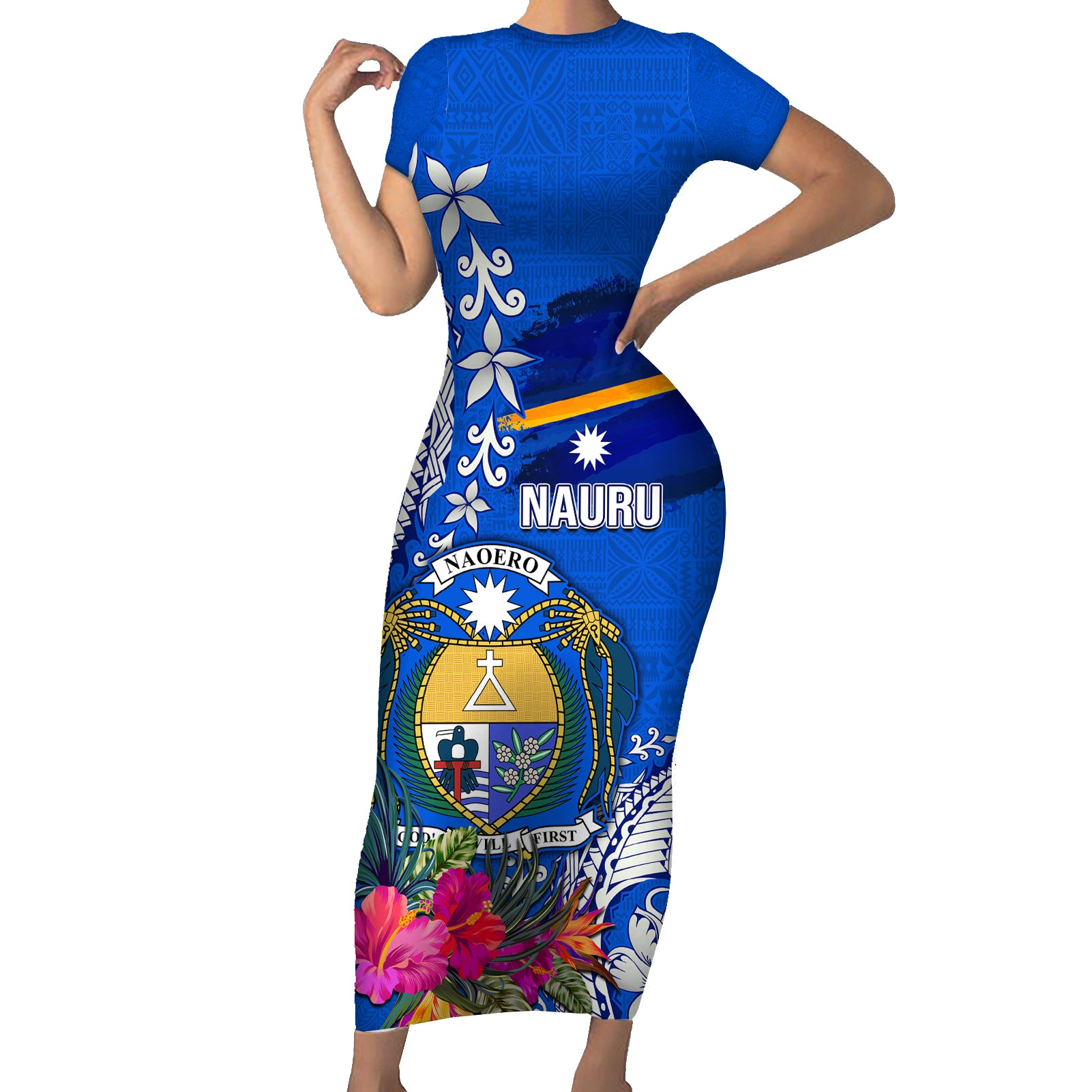 Personalised Nauru Coat of Arms Short Sleeve Bodycon Dress Tropical Flower Polynesian Pattern LT03 Long Dress Blue - Polynesian Pride