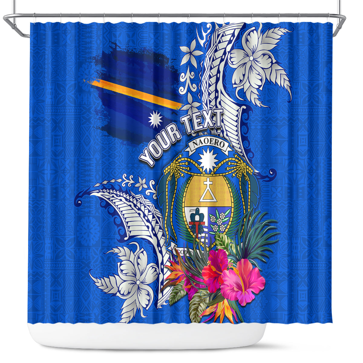 Personalised Nauru Coat of Arms Shower Curtain Tropical Flower Polynesian Pattern LT03 Blue - Polynesian Pride