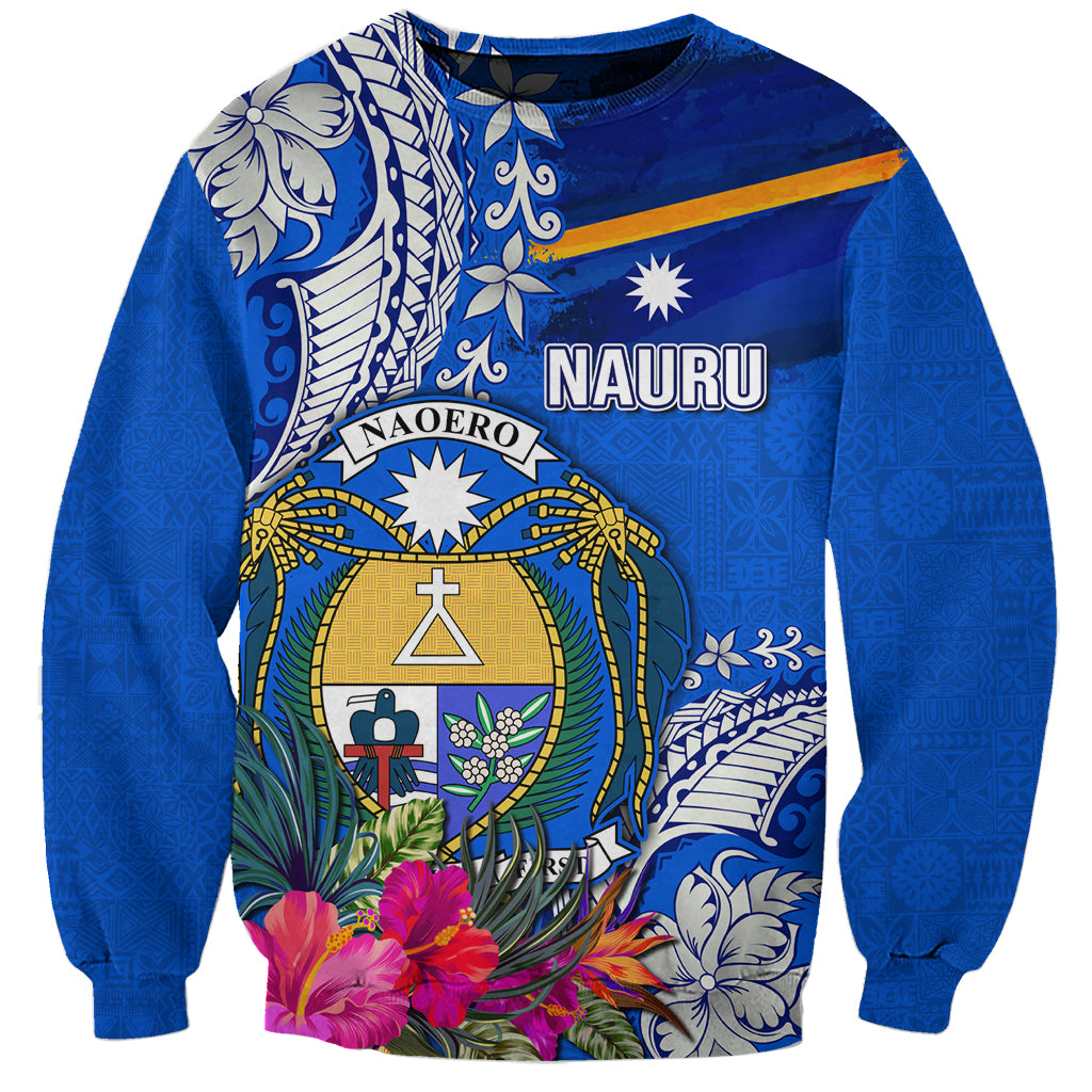 Personalised Nauru Coat of Arms Sweatshirt Tropical Flower Polynesian Pattern LT03 Unisex Blue - Polynesian Pride