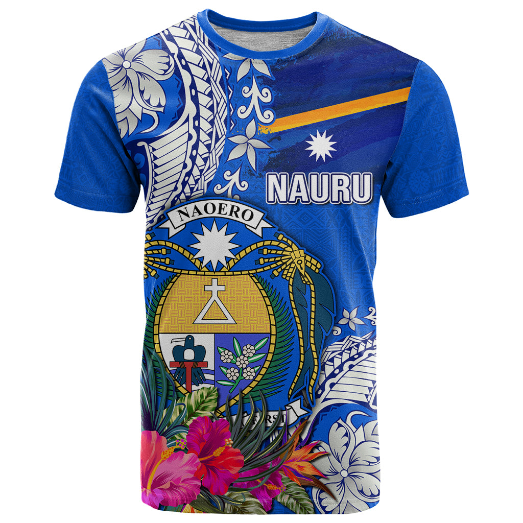 Personalised Nauru Coat of Arms T Shirt Tropical Flower Polynesian Pattern LT03 Blue - Polynesian Pride