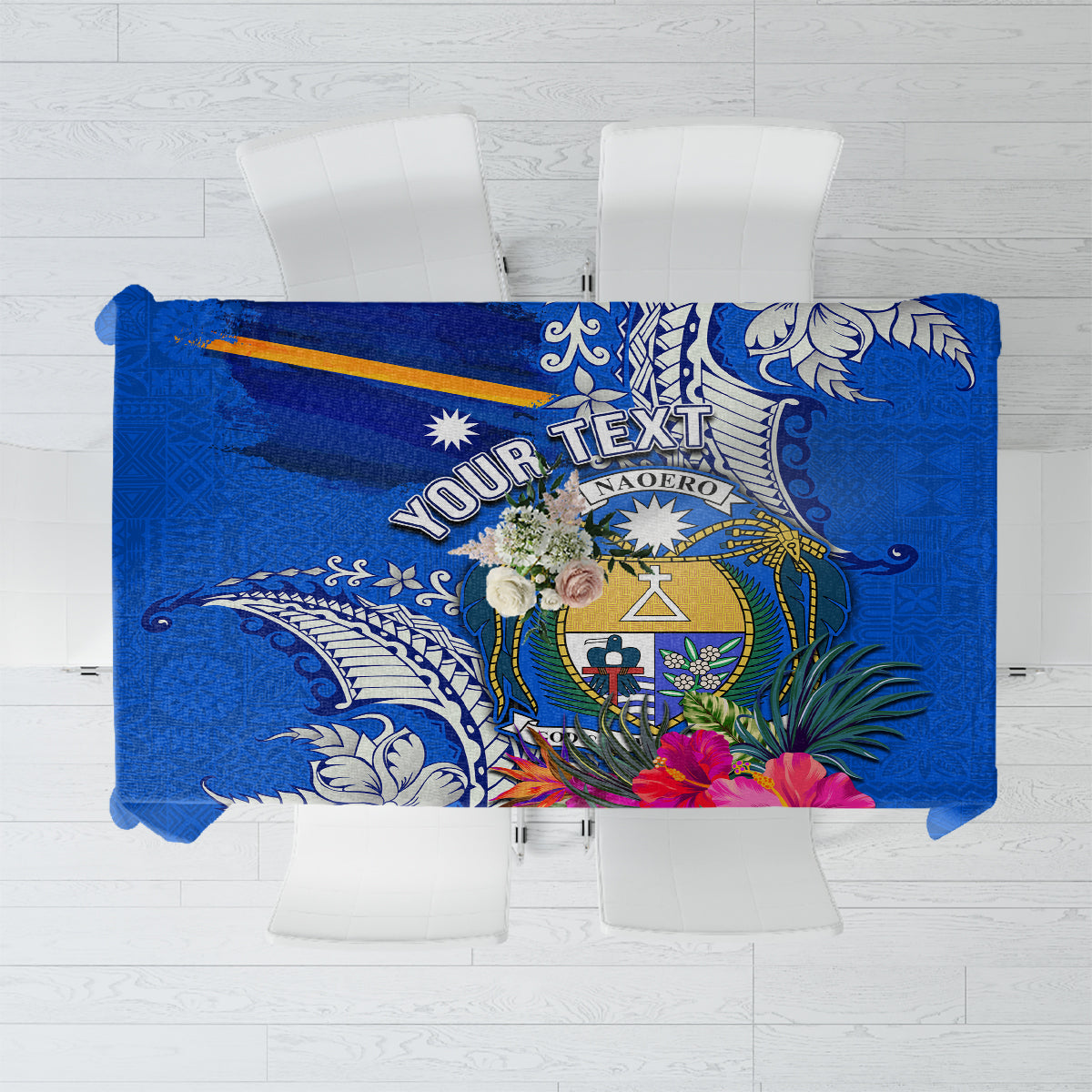 Personalised Nauru Coat of Arms Tablecloth Tropical Flower Polynesian Pattern LT03 Blue - Polynesian Pride