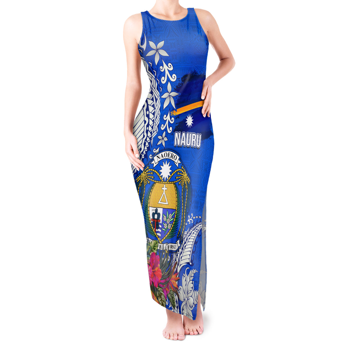 Personalised Nauru Coat of Arms Tank Maxi Dress Tropical Flower Polynesian Pattern LT03 Women Blue - Polynesian Pride