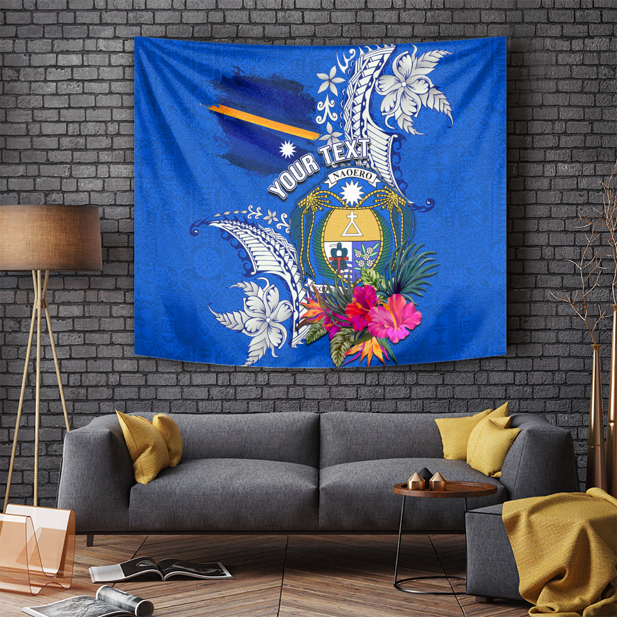 Personalised Nauru Coat of Arms Tapestry Tropical Flower Polynesian Pattern LT03 Blue - Polynesian Pride
