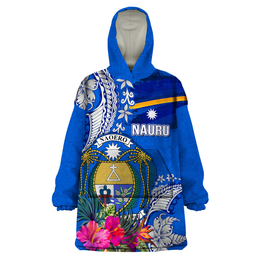 Personalised Nauru Coat of Arms Wearable Blanket Hoodie Tropical Flower Polynesian Pattern LT03 One Size Blue - Polynesian Pride