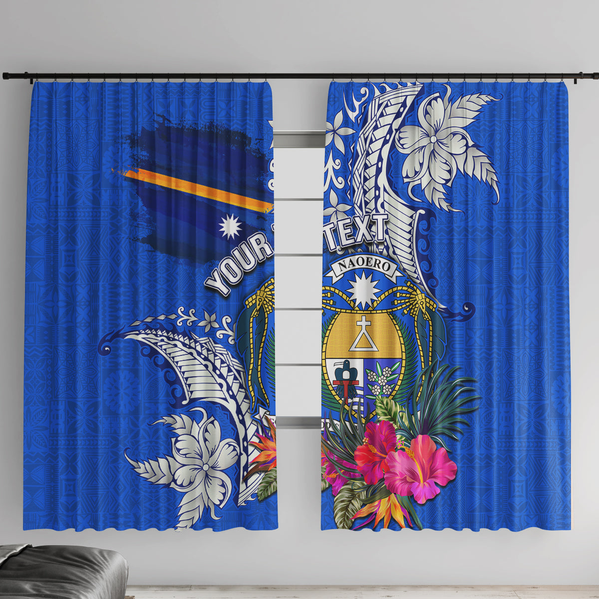 Personalised Nauru Coat of Arms Window Curtain Tropical Flower Polynesian Pattern LT03 With Hooks Blue - Polynesian Pride