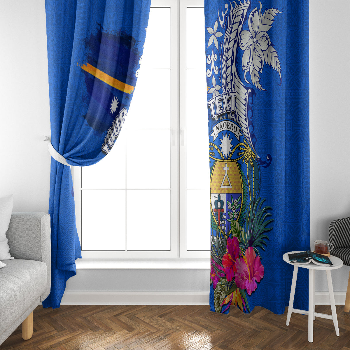 Personalised Nauru Coat of Arms Window Curtain Tropical Flower Polynesian Pattern LT03 - Polynesian Pride