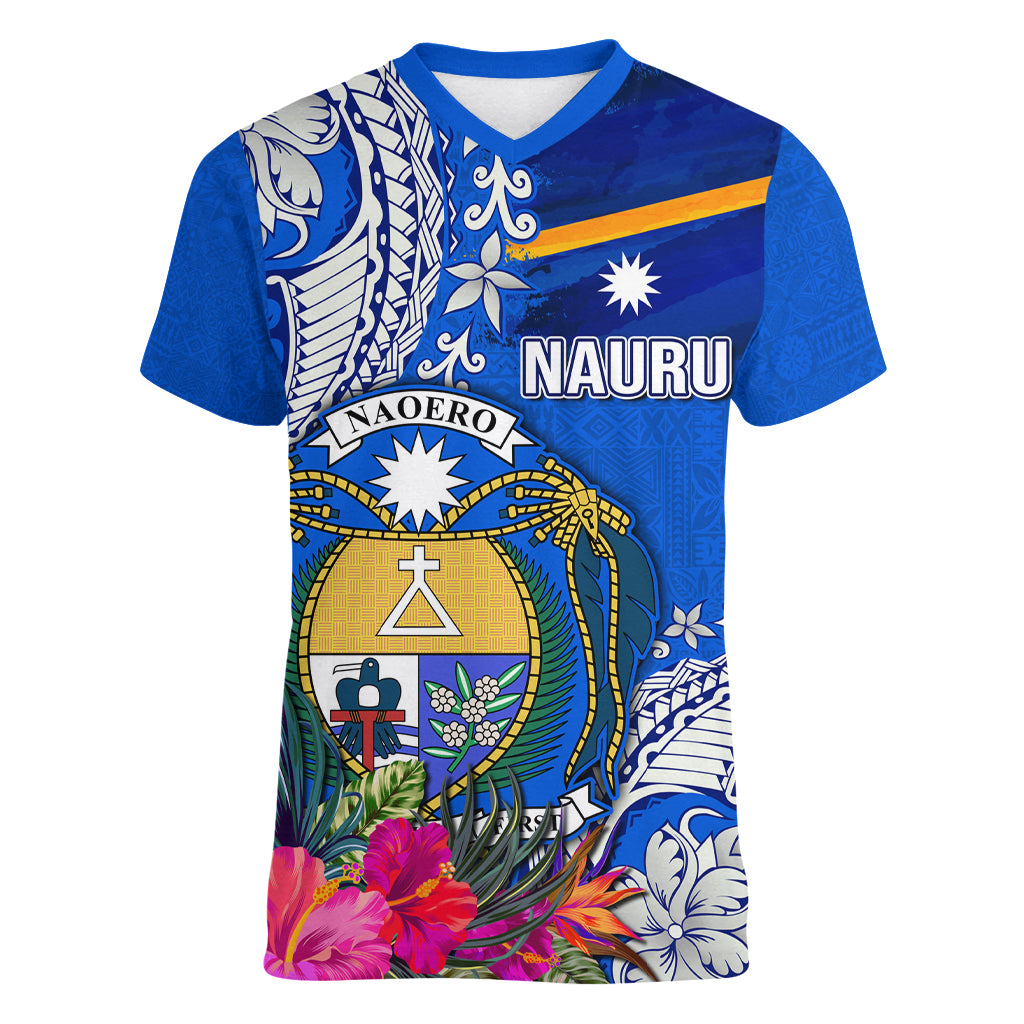 Personalised Nauru Coat of Arms Women V Neck T Shirt Tropical Flower Polynesian Pattern LT03 Female Blue - Polynesian Pride