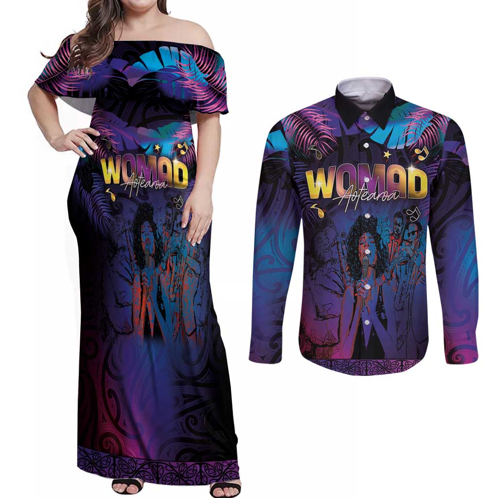 Aotearoa Arts Festival 2025 Couples Matching Off Shoulder Maxi Dress and Long Sleeve Button Shirt Maori Music Art Dance - Rhythmic Vibes