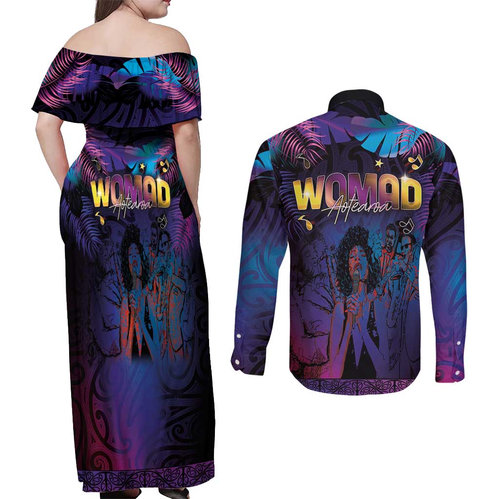 Aotearoa Arts Festival 2025 Couples Matching Off Shoulder Maxi Dress and Long Sleeve Button Shirt Maori Music Art Dance - Rhythmic Vibes