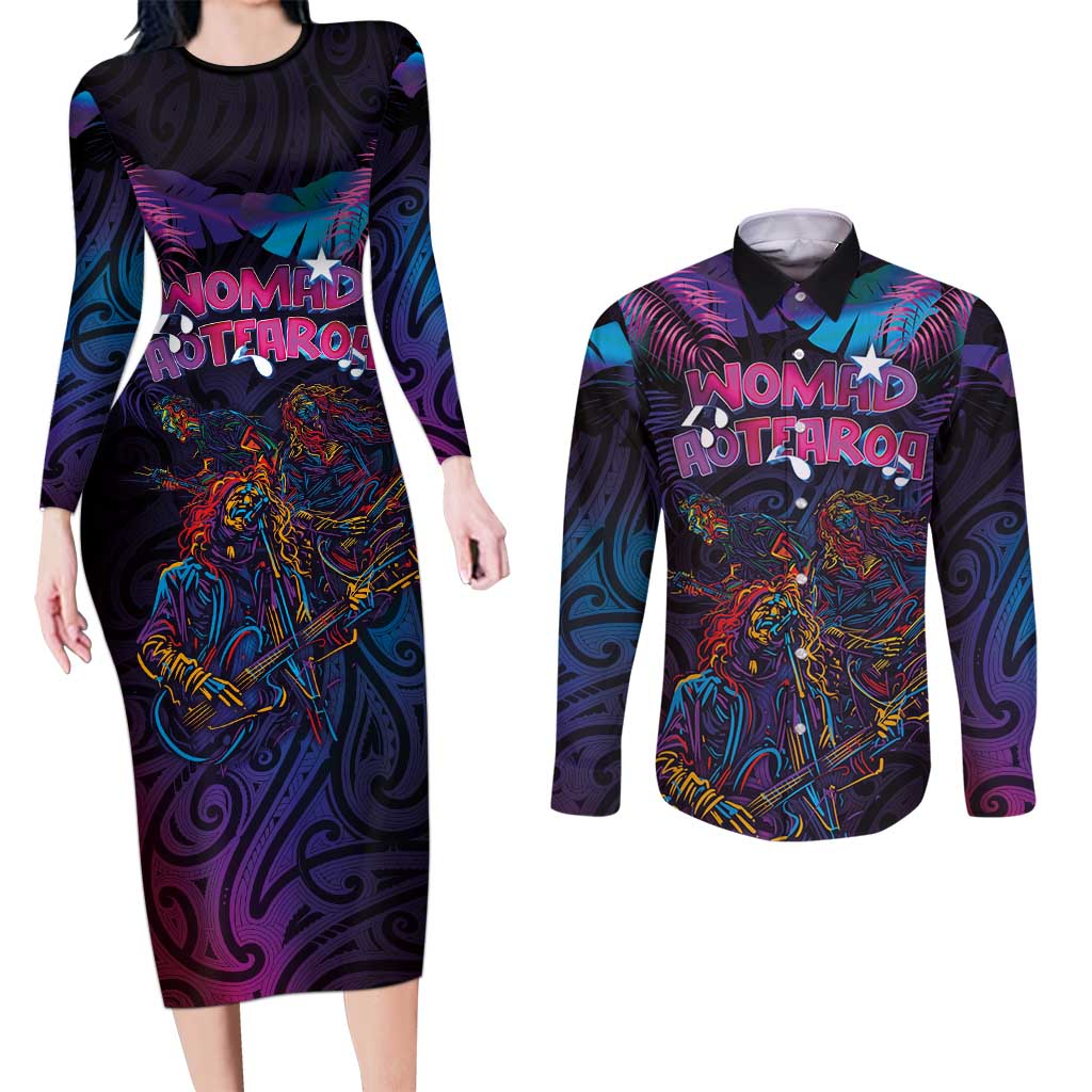 Aotearoa Arts Festival 2025 Couples Matching Long Sleeve Bodycon Dress and Long Sleeve Button Shirt Maori Performing Art and Music - Rhythmic Vibes