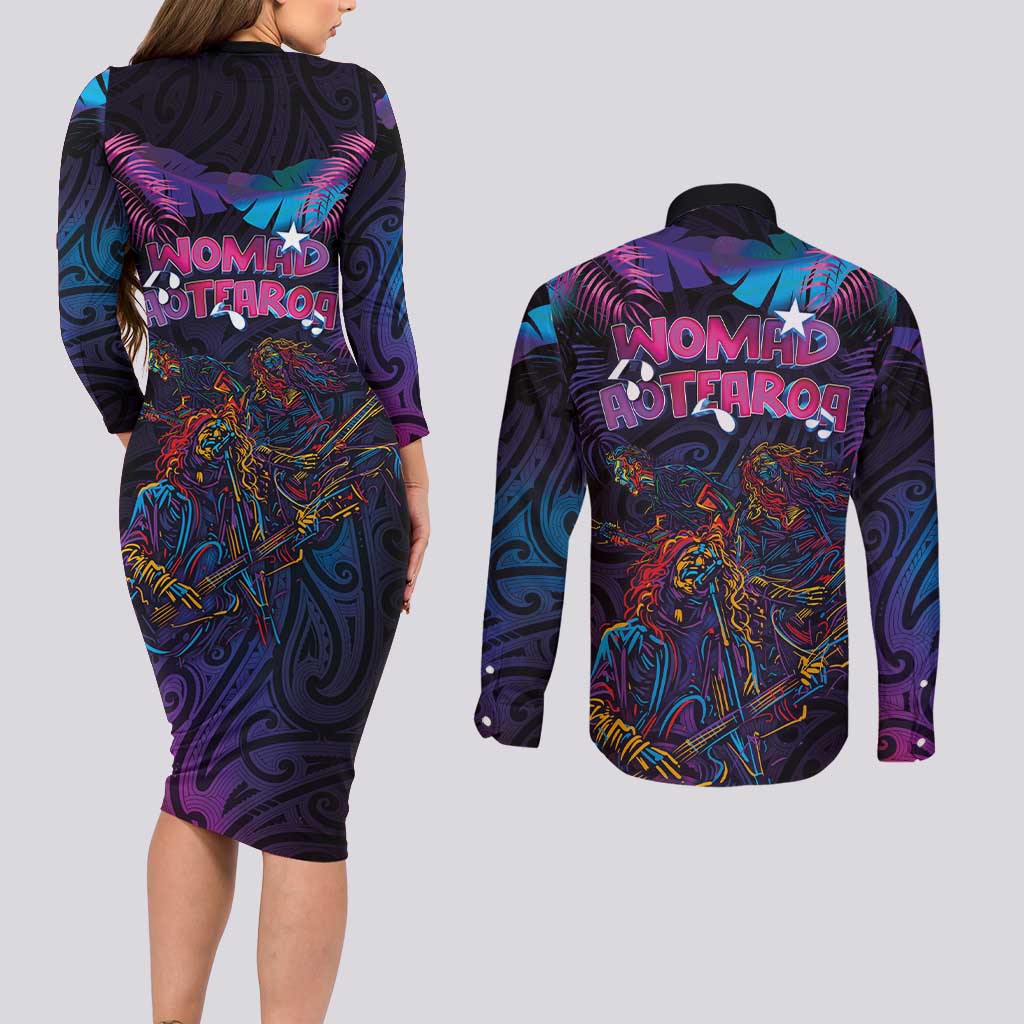 Aotearoa Arts Festival 2025 Couples Matching Long Sleeve Bodycon Dress and Long Sleeve Button Shirt Maori Performing Art and Music - Rhythmic Vibes