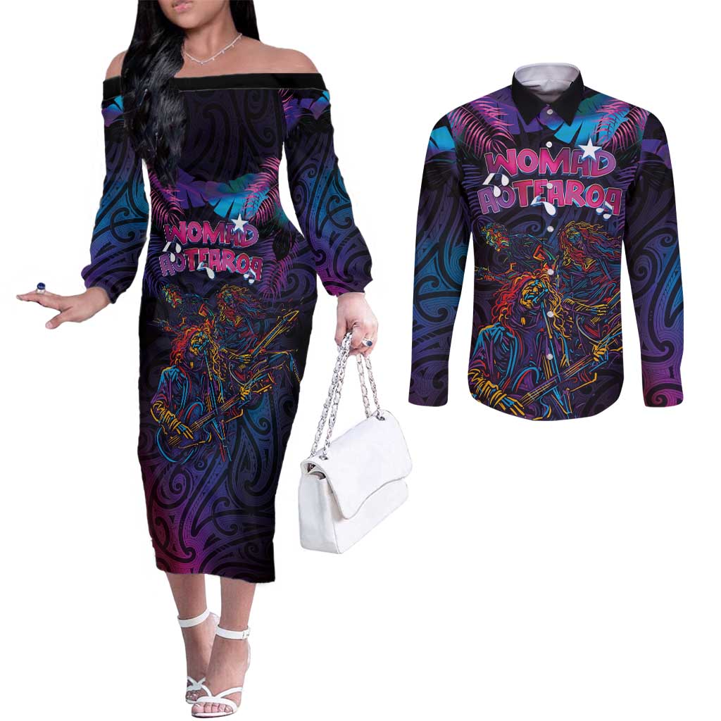 Aotearoa Arts Festival 2025 Couples Matching Off The Shoulder Long Sleeve Dress and Long Sleeve Button Shirt Maori Performing Art and Music - Rhythmic Vibes