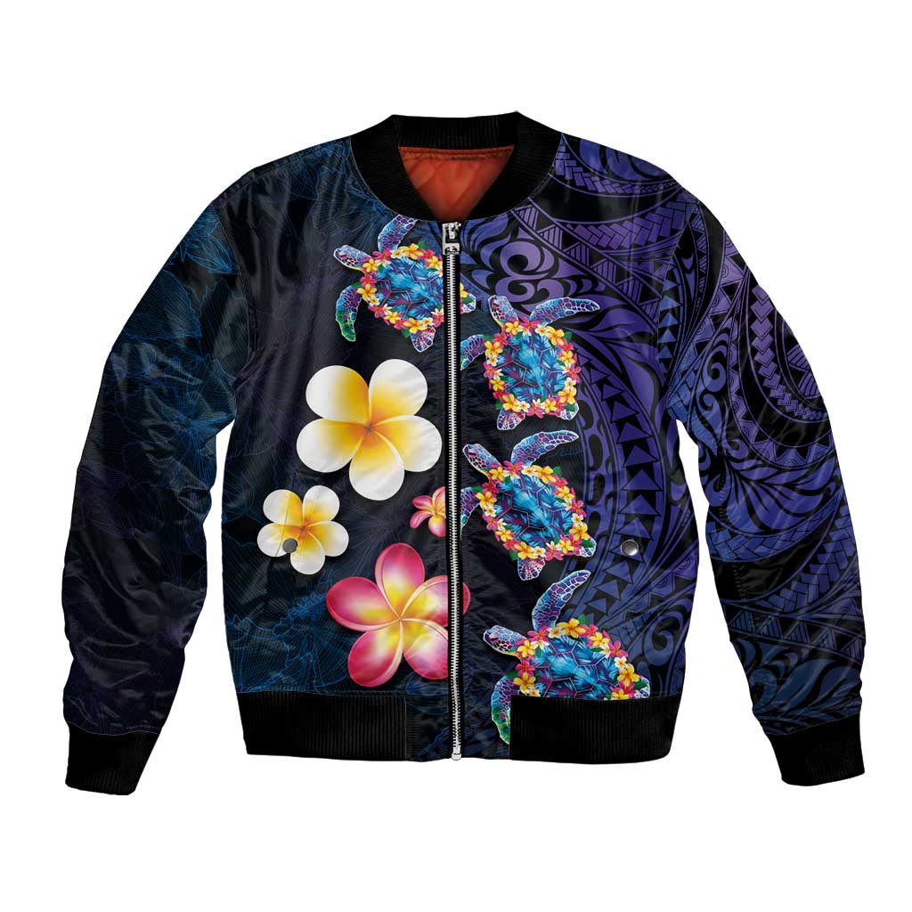 Hawaiian Turtles and Plumeria Bomber Jacket Polynesian Art Tribal Tattoo Dark Aqua Color LT03 Unisex Blue - Polynesian Pride