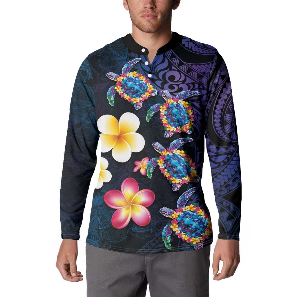 Hawaiian Turtles and Plumeria Button Sweatshirt Polynesian Art Tribal Tattoo Dark Aqua Color