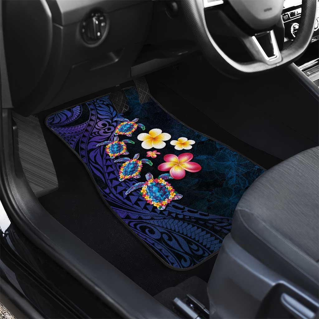 Hawaiian Turtles and Plumeria Car Mats Polynesian Art Tribal Tattoo Dark Aqua Color