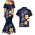 Hawaiian Turtles and Plumeria Couples Matching Mermaid Dress and Hawaiian Shirt Polynesian Art Tribal Tattoo Dark Aqua Color