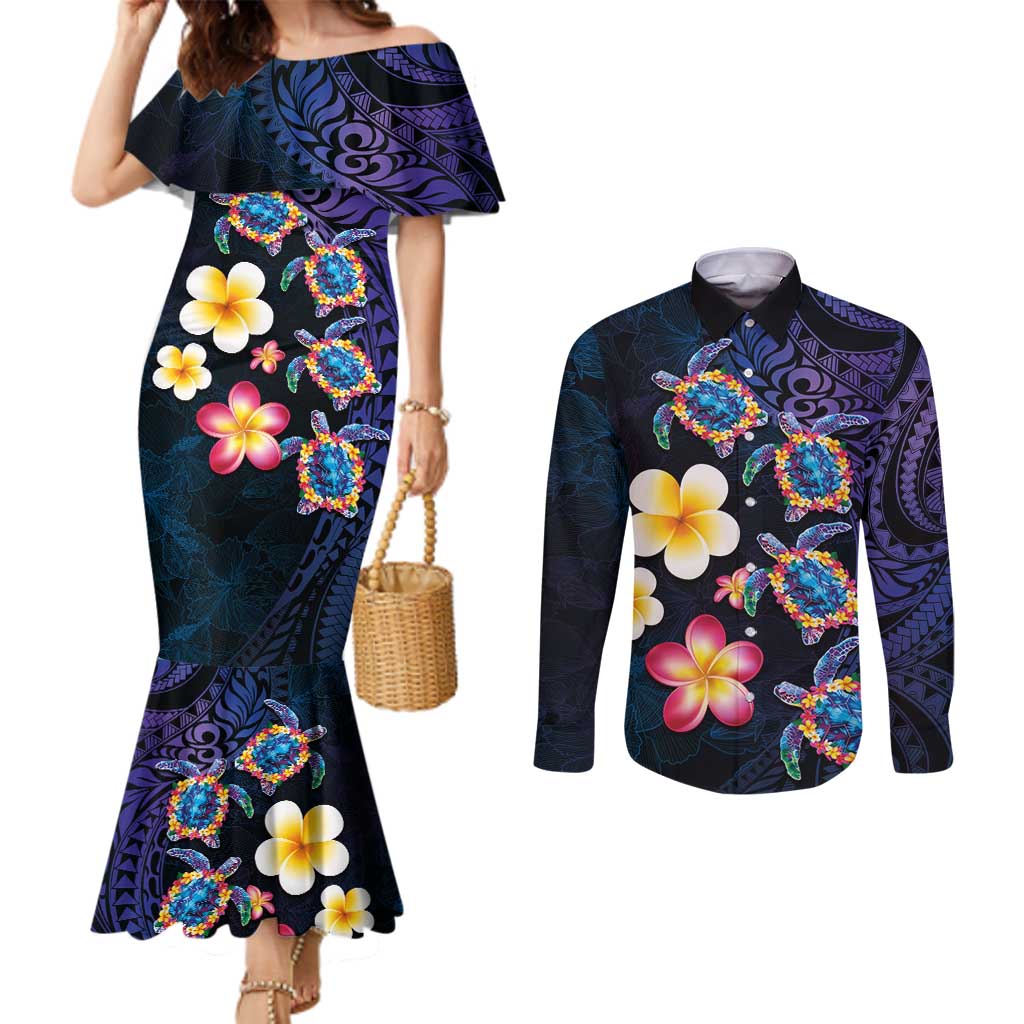 Hawaiian Turtles and Plumeria Couples Matching Mermaid Dress and Long Sleeve Button Shirt Polynesian Art Tribal Tattoo Dark Aqua Color LT03 Blue - Polynesian Pride