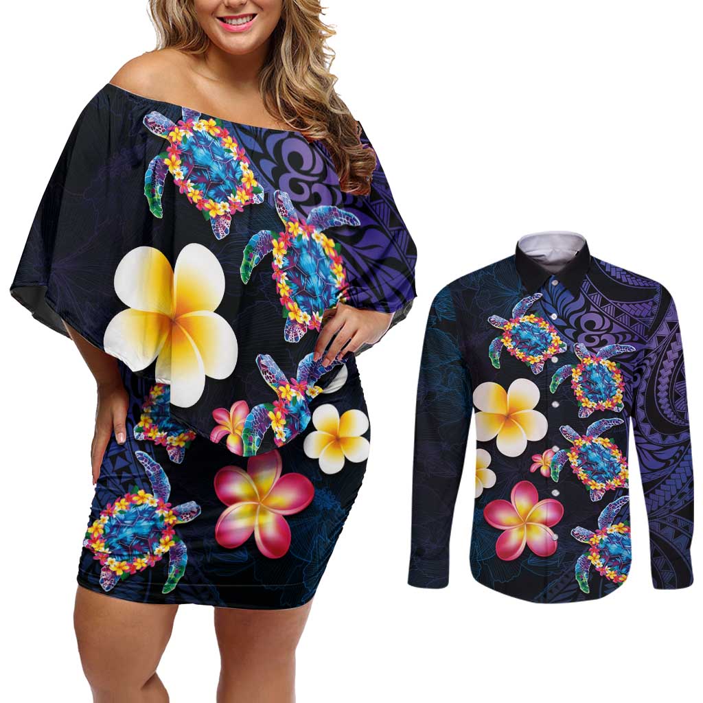 Hawaiian Turtles and Plumeria Couples Matching Off Shoulder Short Dress and Long Sleeve Button Shirt Polynesian Art Tribal Tattoo Dark Aqua Color LT03 Blue - Polynesian Pride