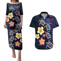 Hawaiian Turtles and Plumeria Couples Matching Puletasi and Hawaiian Shirt Polynesian Art Tribal Tattoo Dark Aqua Color