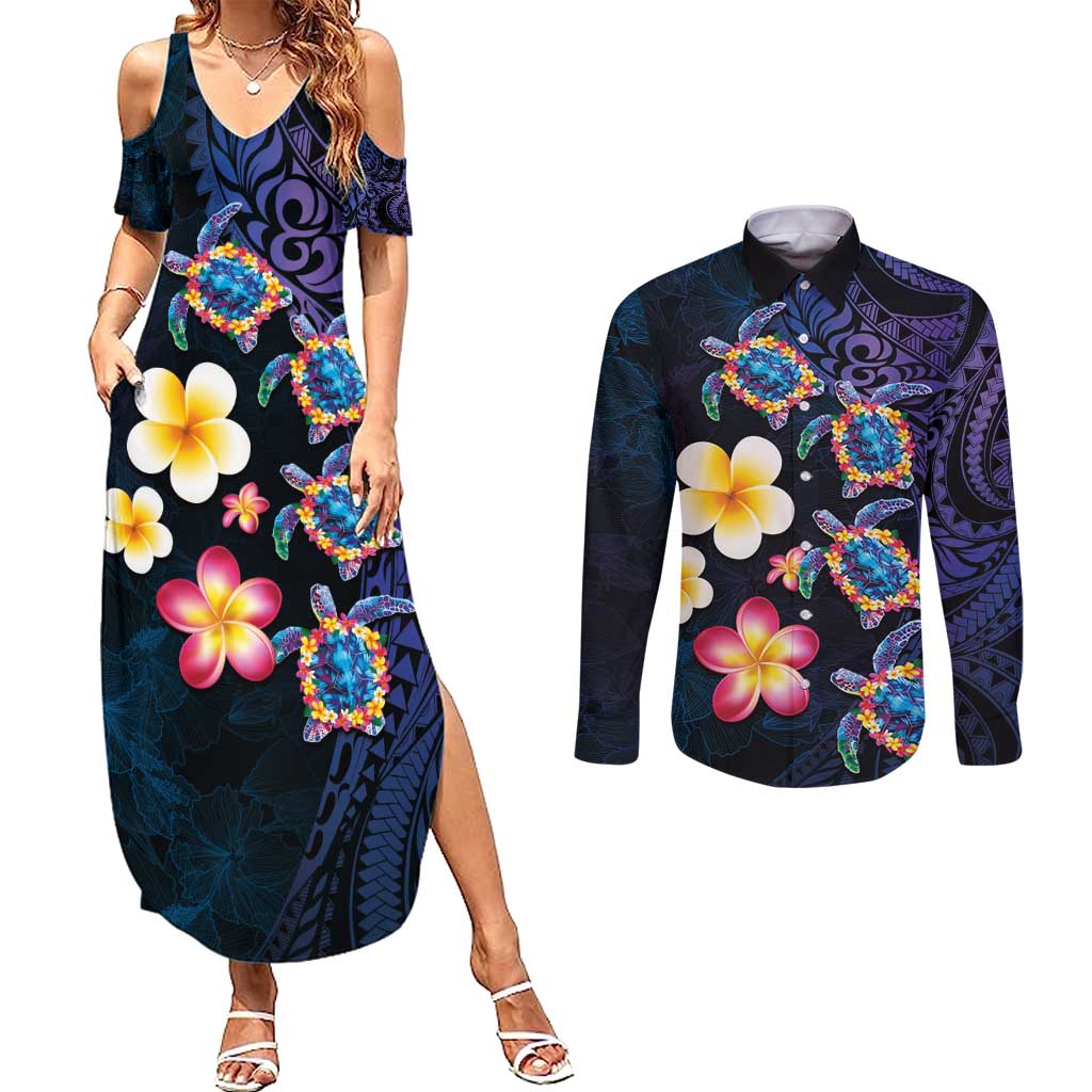 Hawaiian Turtles and Plumeria Couples Matching Summer Maxi Dress and Long Sleeve Button Shirt Polynesian Art Tribal Tattoo Dark Aqua Color LT03 Blue - Polynesian Pride