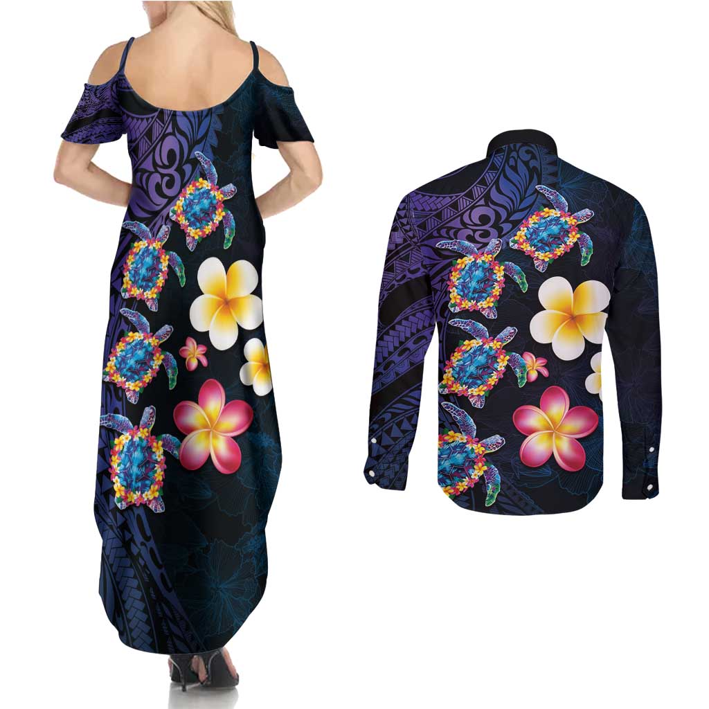 Hawaiian Turtles and Plumeria Couples Matching Summer Maxi Dress and Long Sleeve Button Shirt Polynesian Art Tribal Tattoo Dark Aqua Color